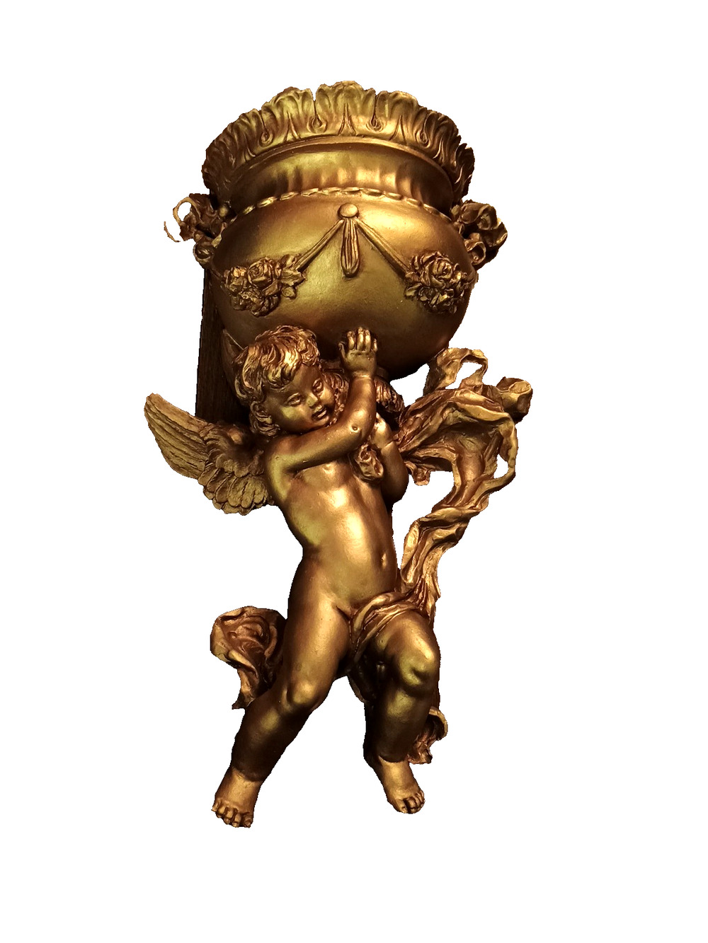 Vtg 14.5" ANGEL CHERUB 3D Detailed Victorian Gold Wall Pocket HOLLYWOOD REGENCY